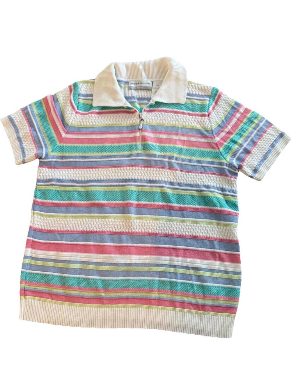 Vintage Alfred Dunner Petite Medium Quarter Zip Striped Short Sleeve Sweater